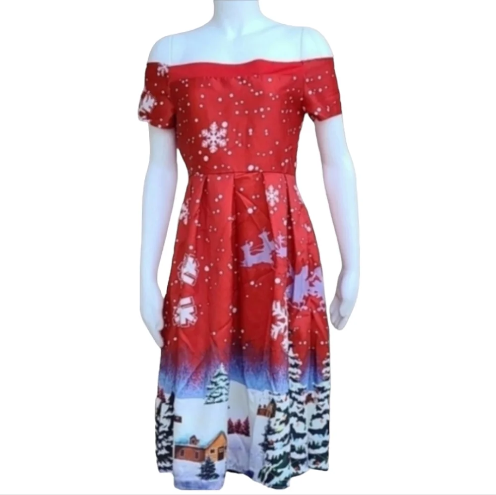 VINTAGE CHRISTMAS HOLIDAY Dress Small 4 6 Rockabilly Pin Up Off Shoulder Festive - Picture 6 of 14